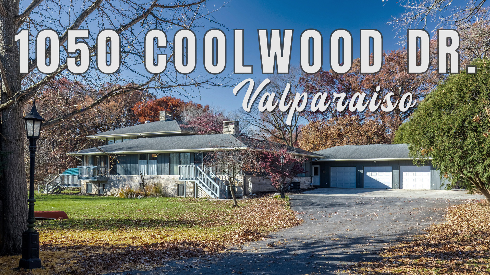a praire-style home with overlay text that promotes a home for sale in Valparaiso, Indiana 1050 Coolwood Drive, Valparaiso.