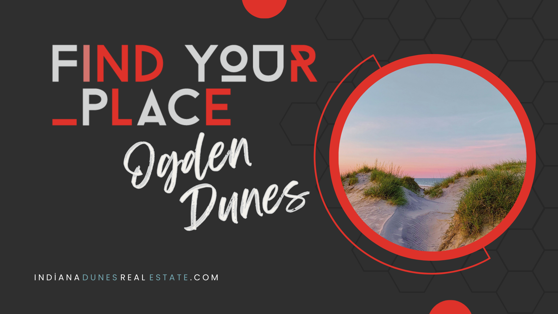 A poster image for the YouTube series, Find Your Place, highlighting homes for sale in Ogden Dunes.